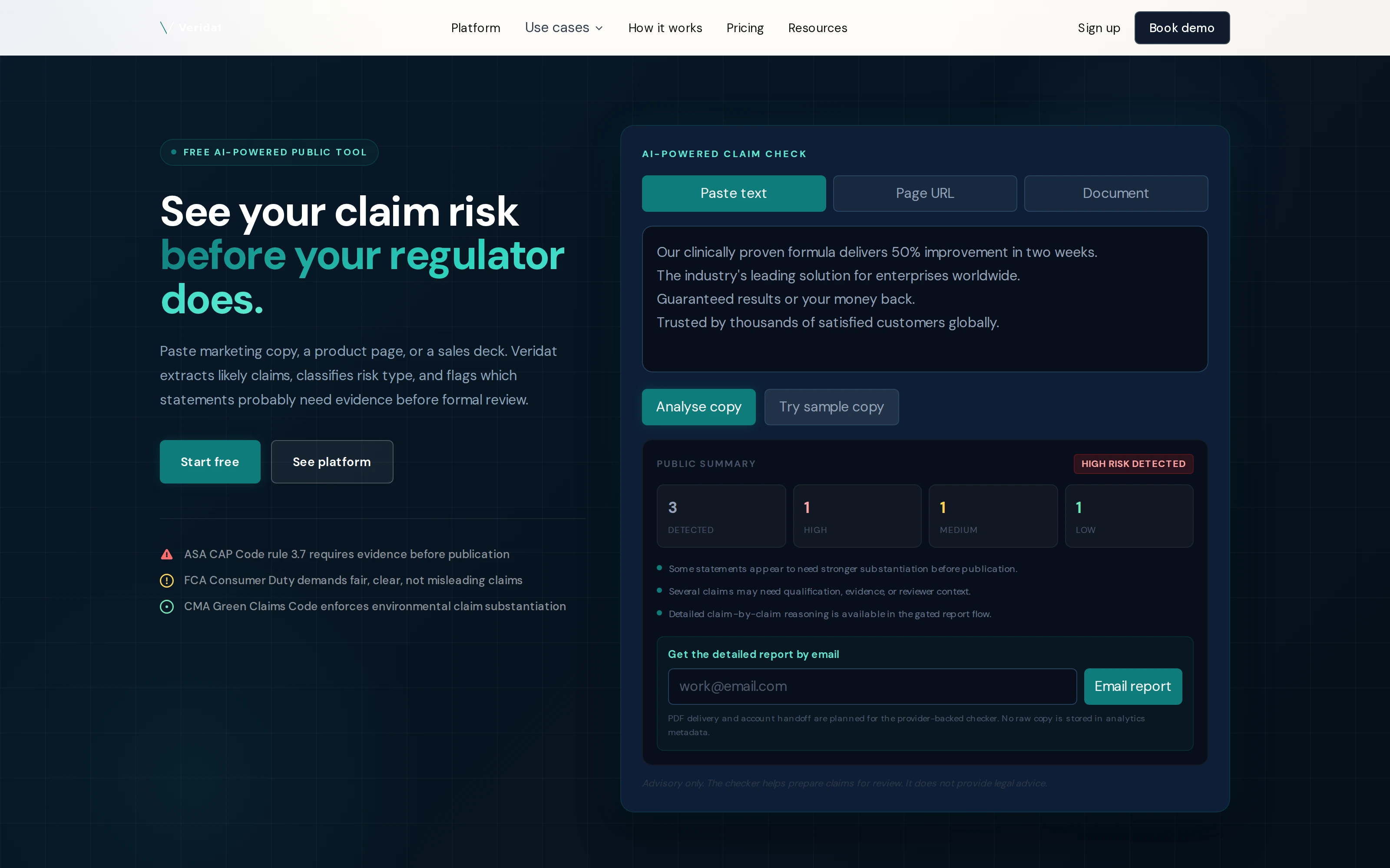 Veridat public Claim Risk Checker showing a clean risk summary and gated email report state.